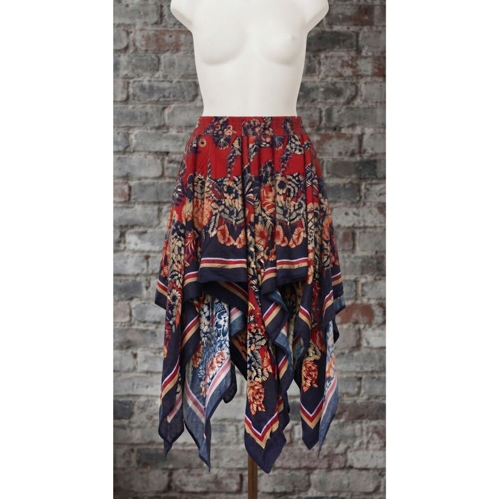 Denim 24/7 Red Floral Hanky Hem Maxi Skirt Smocked Waist Plus Size 5X 38W Tall